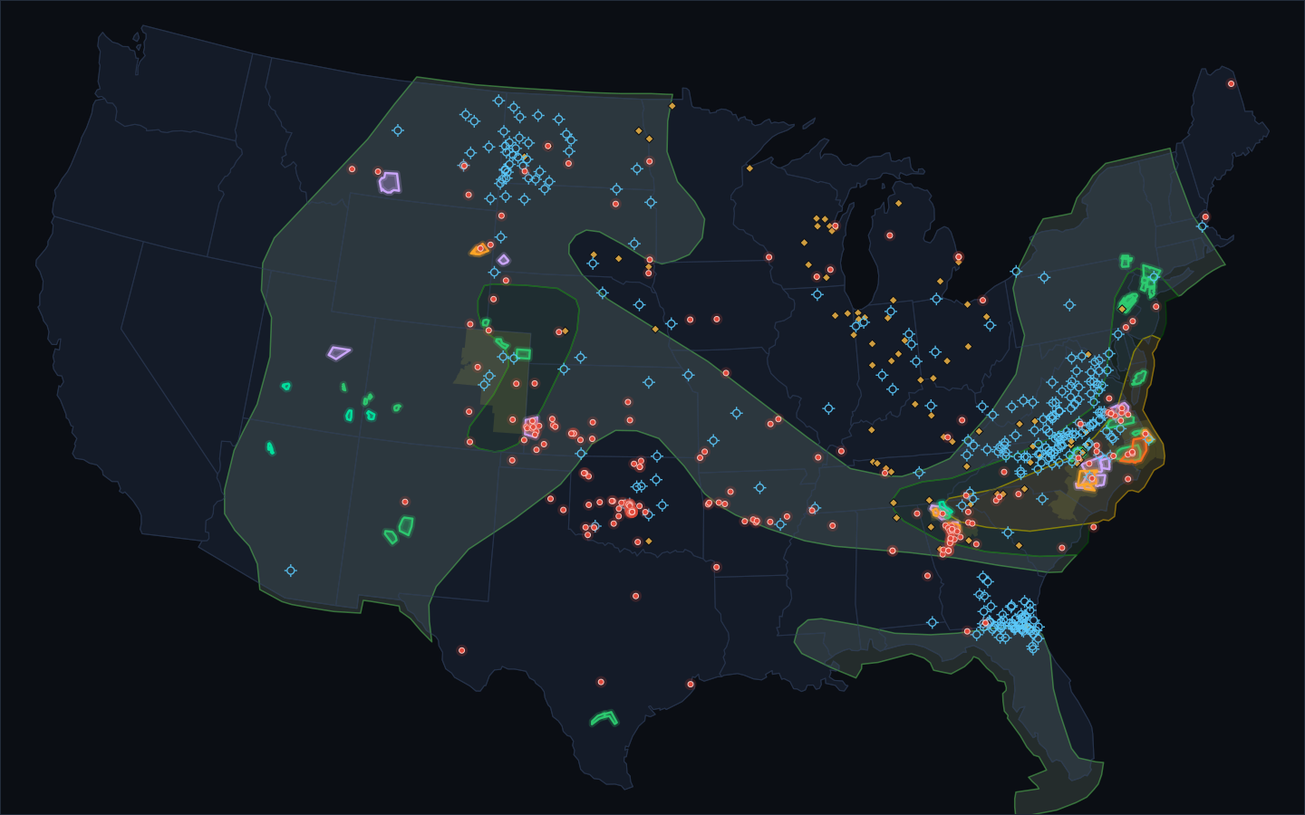 Live United States warning map: every polygon is a real, active NWS warning